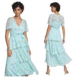 Calvin Klein Tiered Floral Pale Aqua Chiffon Boho midi Dress women’s 22W